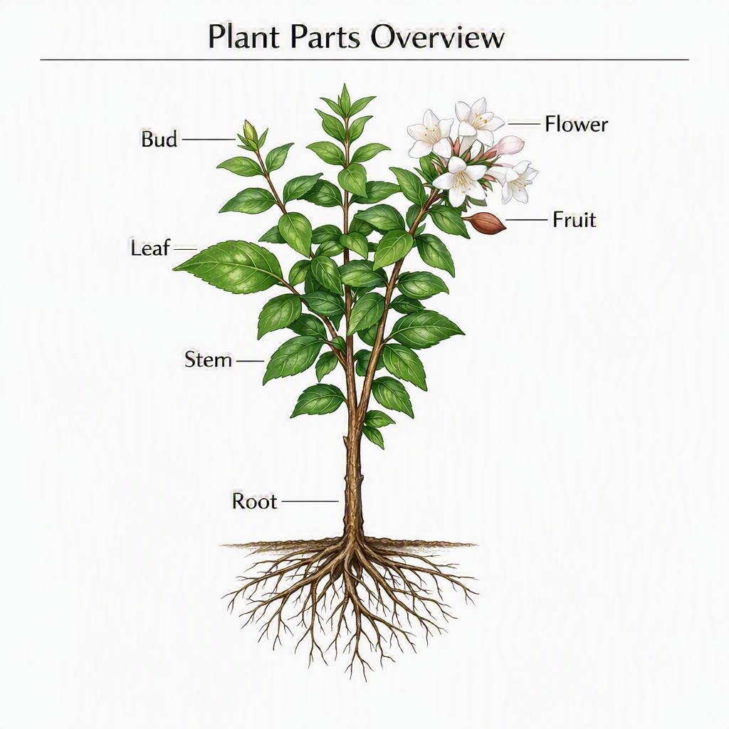 Abelia Plant Parts Overview — labeled botanical anatomy diagram