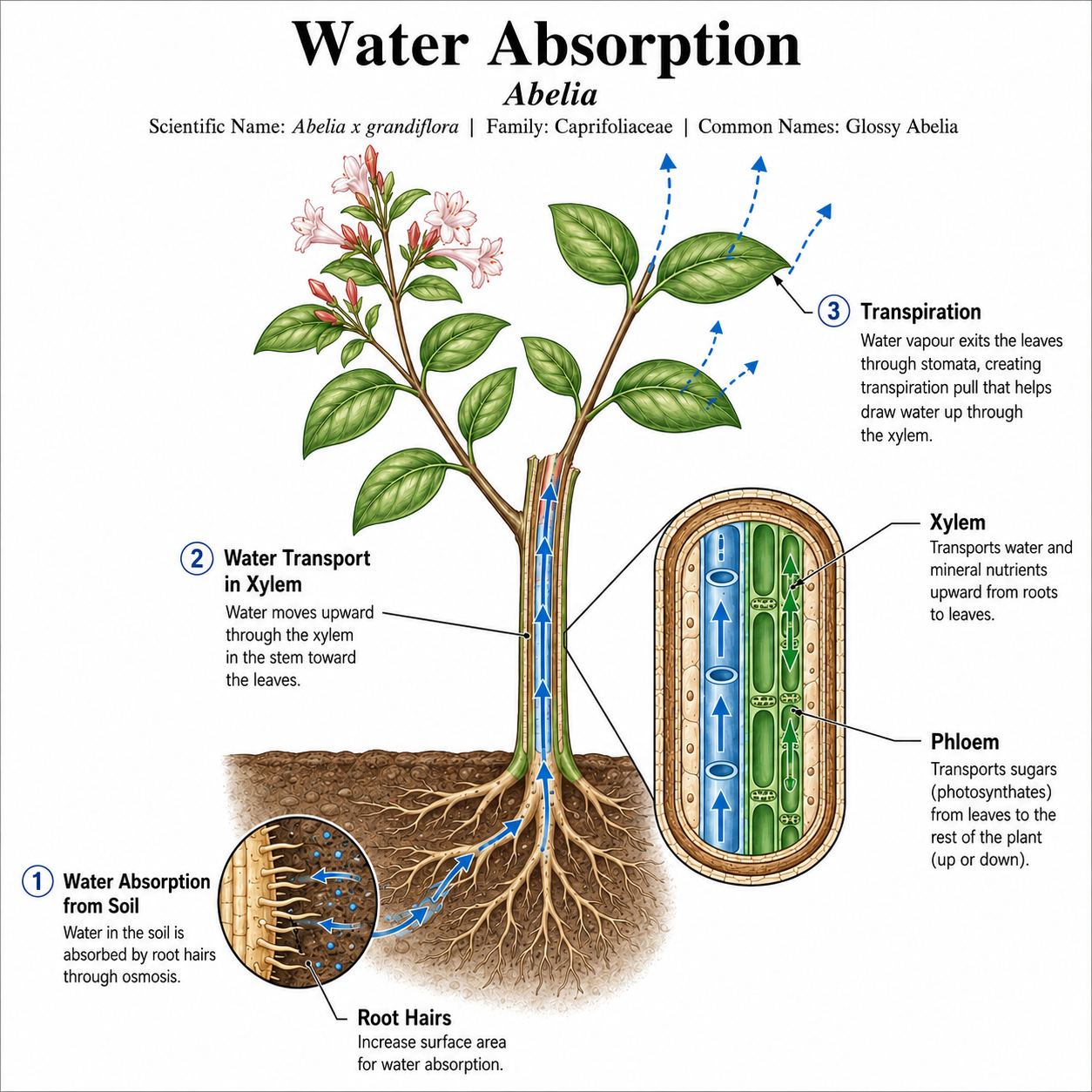 Abelia Water Absorption — labeled botanical anatomy diagram