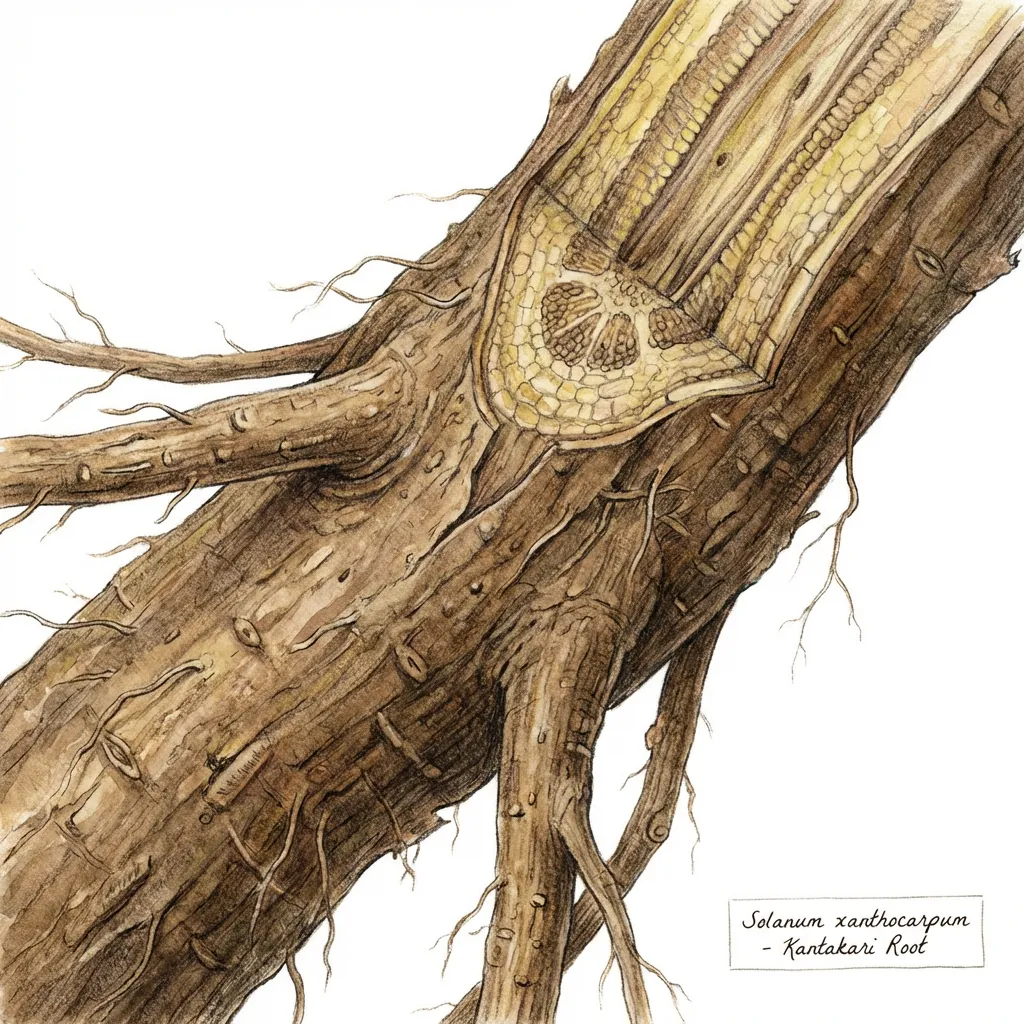 Kantakari (Yellow Berried Nightshade) Root System — botanical anatomy illustration